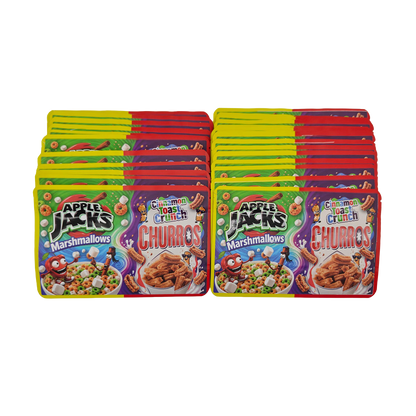 32 Pack - 7g (2IN1) Split Dual Graphic Mylar Bags Mixed Designs - Apple Jacks & CTC Churros