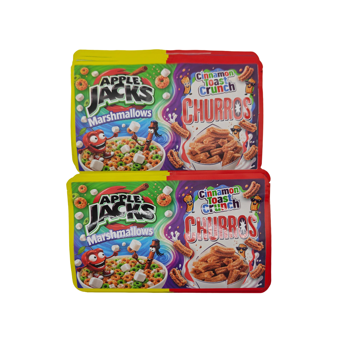 32 Pack - 7g (2IN1) Split Dual Graphic Mylar Bags Mixed Designs - Apple Jacks & CTC Churros