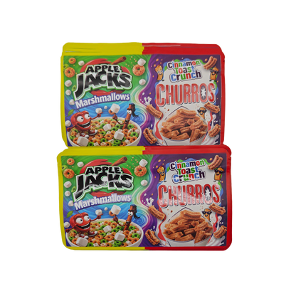 32 Pack - 7g (2IN1) Split Dual Graphic Mylar Bags Mixed Designs - Apple Jacks & CTC Churros