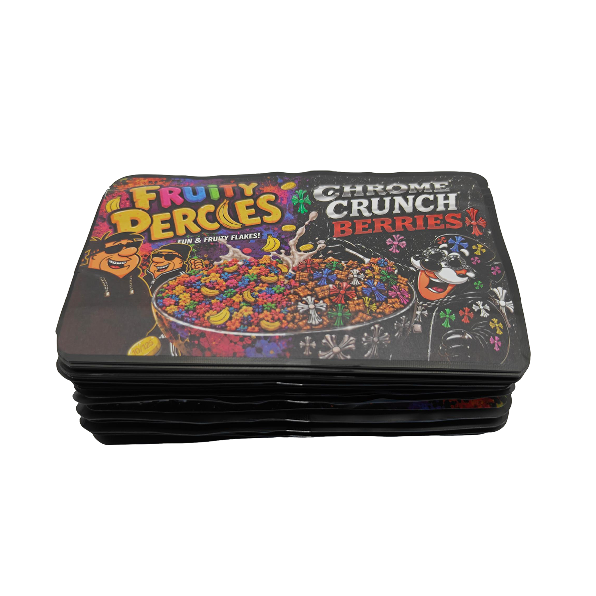 32 Pack - 7g (2IN1) Split Dual Graphic Mylar Bags Mixed Designs - Fruity Percles & Chrome Crunch Berries