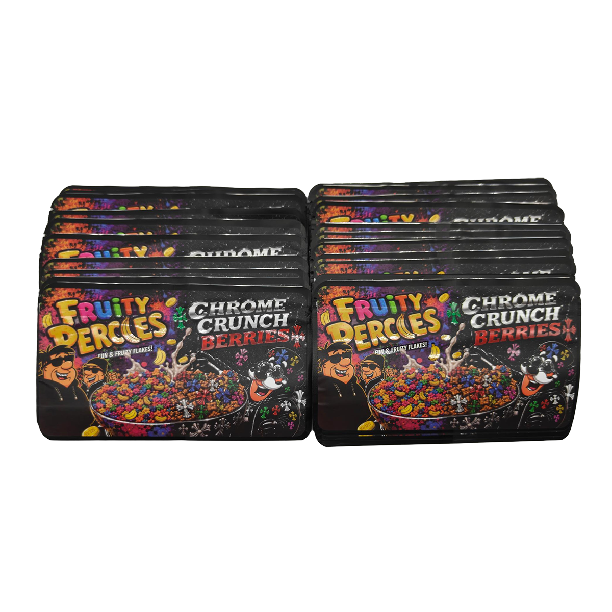32 Pack - 7g (2IN1) Split Dual Graphic Mylar Bags Mixed Designs - Fruity Percles & Chrome Crunch Berries