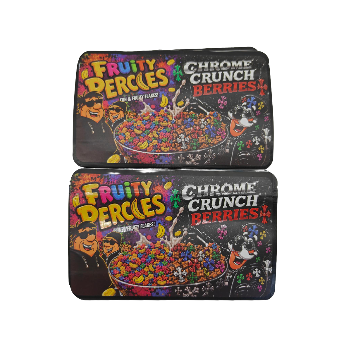 32 Pack - 7g (2IN1) Split Dual Graphic Mylar Bags Mixed Designs - Fruity Percles & Chrome Crunch Berries