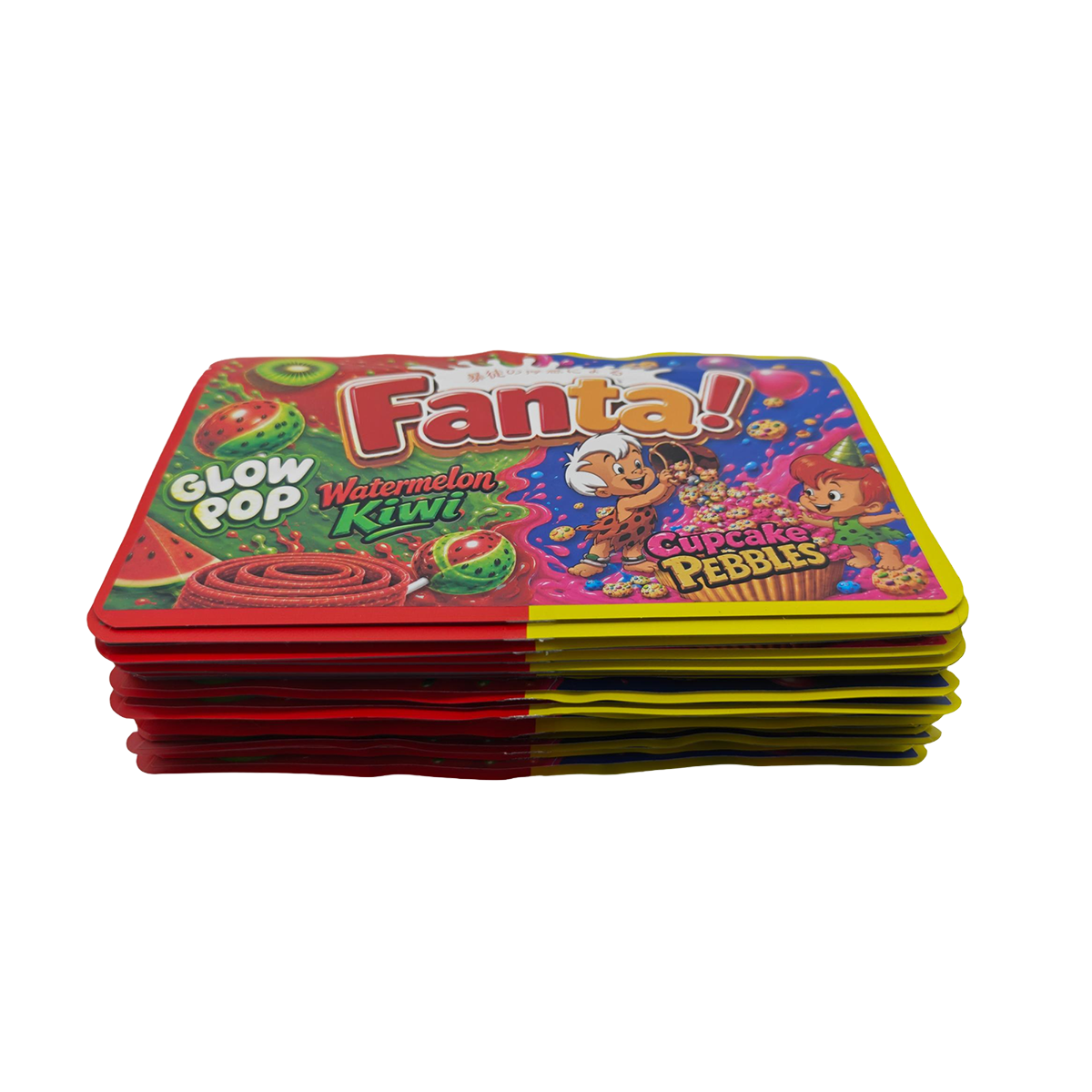 32 Pack - 7g (2IN1) Split Dual Graphic Mylar Bags Mixed Designs - Fanta Watermelon Kiwi & Cupcake Pebbles