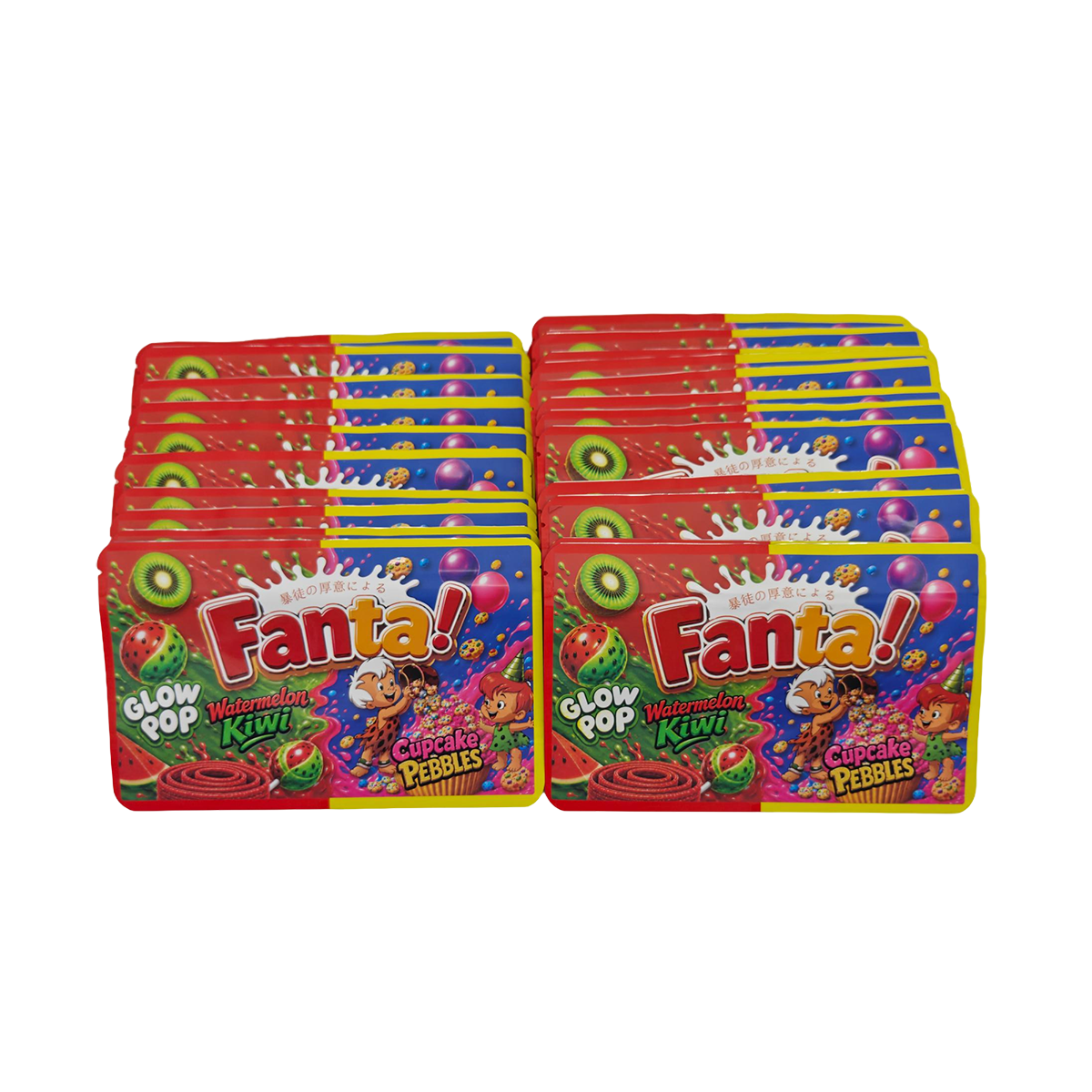 32 Pack - 7g (2IN1) Split Dual Graphic Mylar Bags Mixed Designs - Fanta Watermelon Kiwi & Cupcake Pebbles