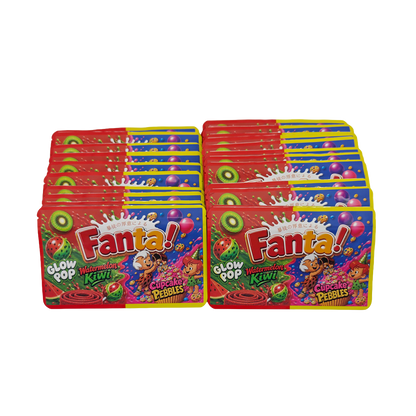 32 Pack - 7g (2IN1) Split Dual Graphic Mylar Bags Mixed Designs - Fanta Watermelon Kiwi & Cupcake Pebbles