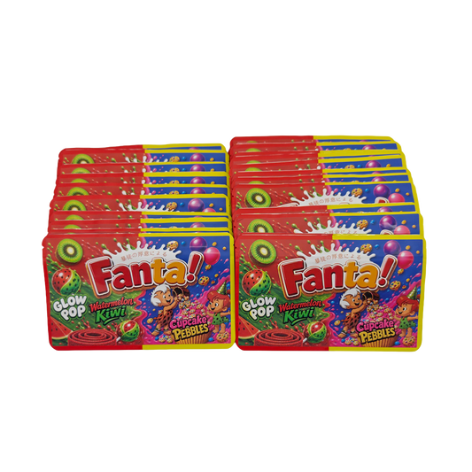 32 Pack - 7g (2IN1) Split Dual Graphic Mylar Bags Mixed Designs - Fanta Watermelon Kiwi & Cupcake Pebbles