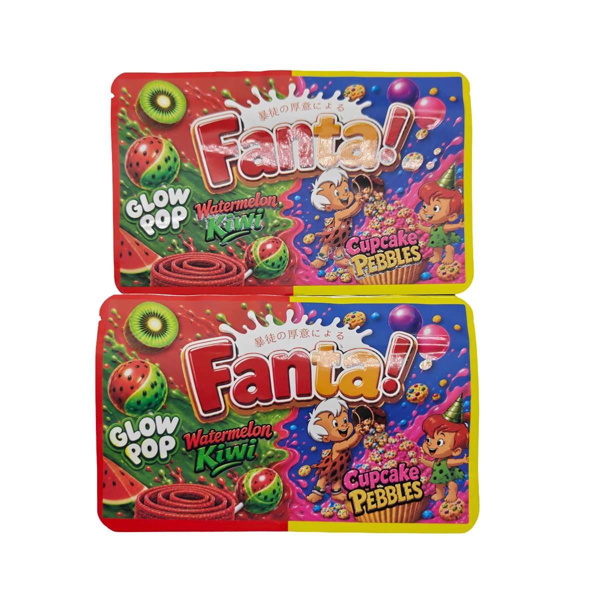 32 Pack - 7g (2IN1) Split Dual Graphic Mylar Bags Mixed Designs - Fanta Watermelon Kiwi & Cupcake Pebbles