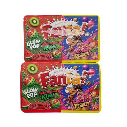 32 Pack - 7g (2IN1) Split Dual Graphic Mylar Bags Mixed Designs - Fanta Watermelon Kiwi & Cupcake Pebbles