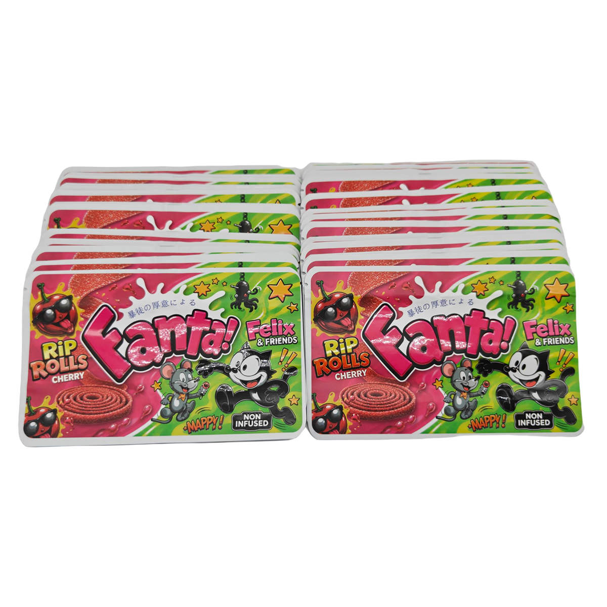 32 Pack - 7g (2IN1) Split Dual Graphic Mylar Bags Mixed Designs - Fanta Rip Rolls & Felix & Friends