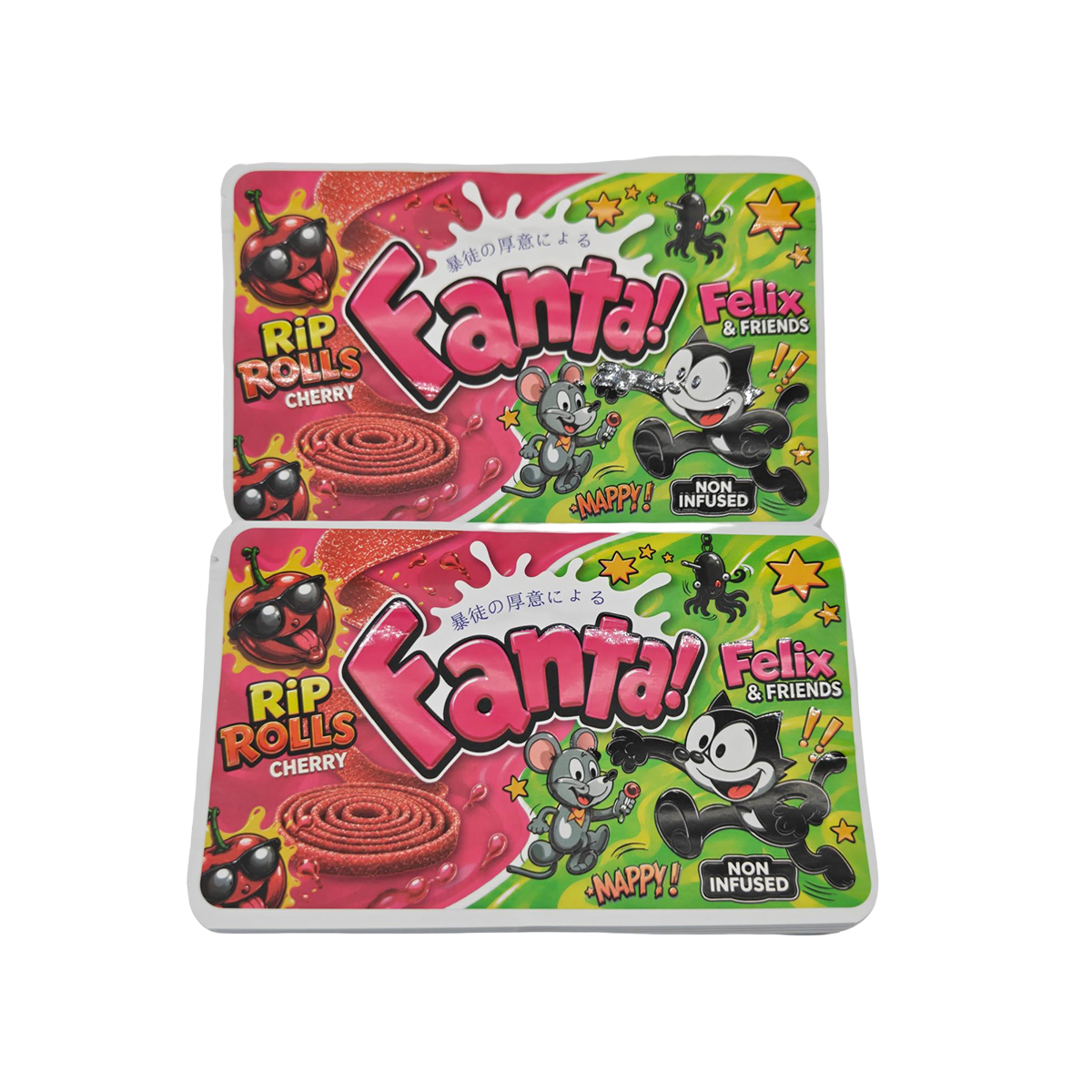 32 Pack - 7g (2IN1) Split Dual Graphic Mylar Bags Mixed Designs - Fanta Rip Rolls & Felix & Friends