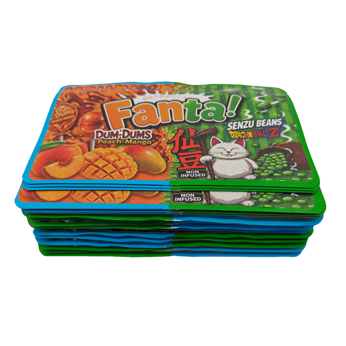 32 Pack - 7g (2IN1) Split Dual Graphic Mylar Bags Mixed Designs - Fanta Dum Dums & Senzu Beans