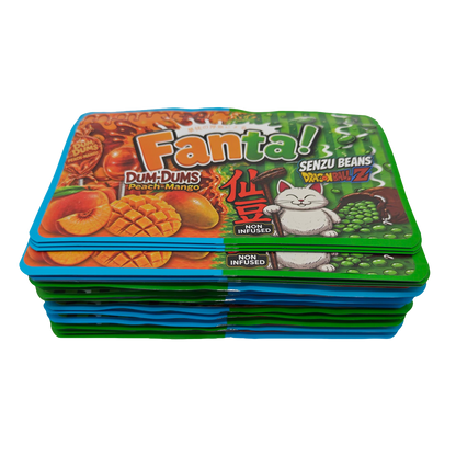 32 Pack - 7g (2IN1) Split Dual Graphic Mylar Bags Mixed Designs - Fanta Dum Dums & Senzu Beans
