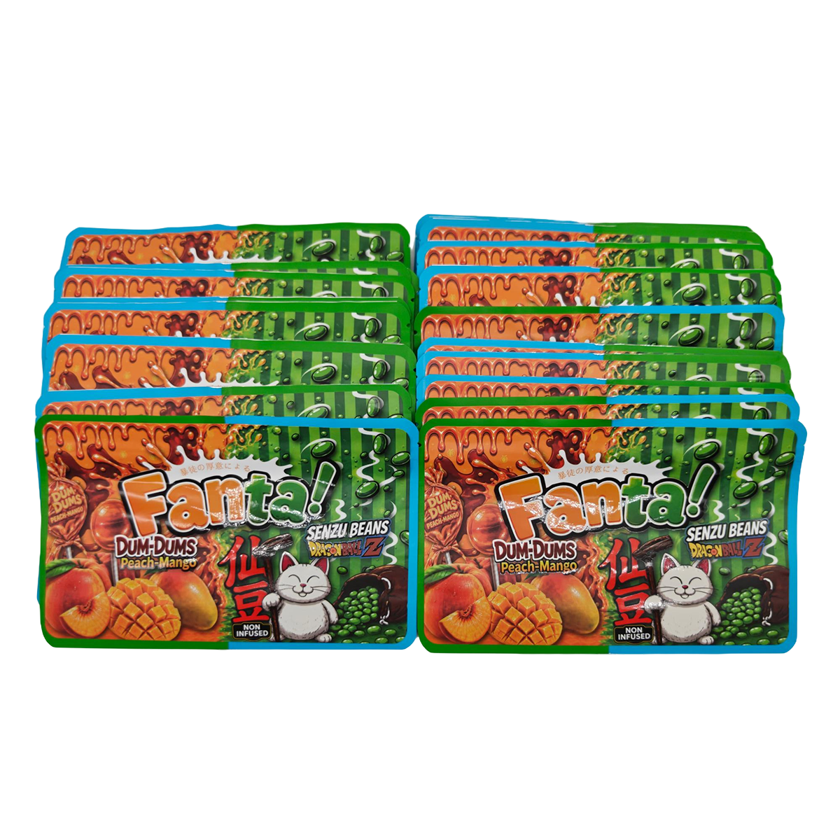 32 Pack - 7g (2IN1) Split Dual Graphic Mylar Bags Mixed Designs - Fanta Dum Dums & Senzu Beans