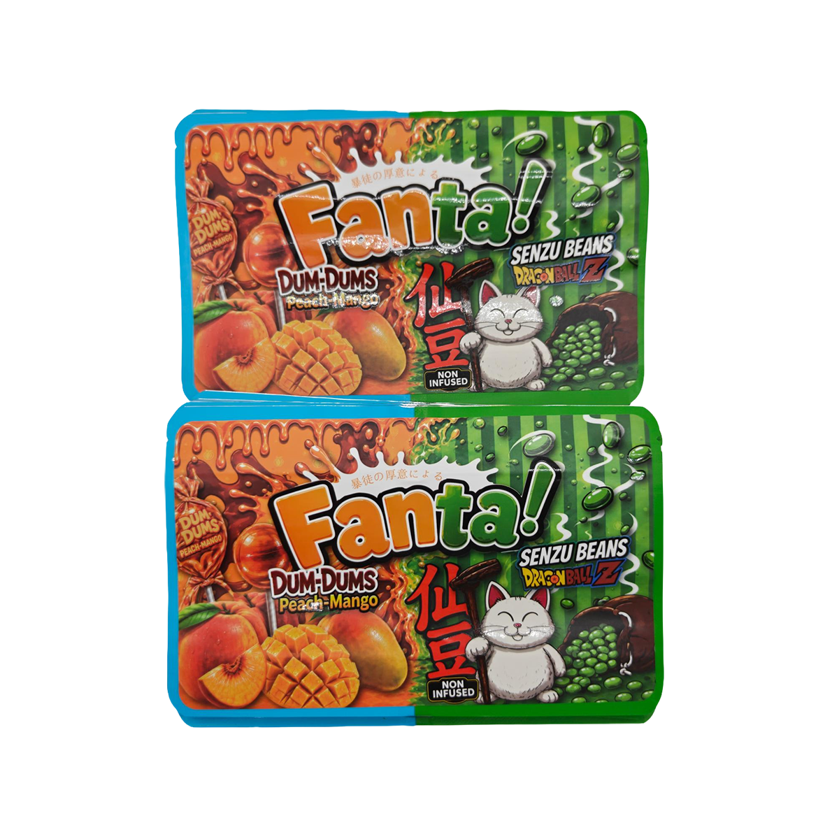 32 Pack - 7g (2IN1) Split Dual Graphic Mylar Bags Mixed Designs - Fanta Dum Dums & Senzu Beans