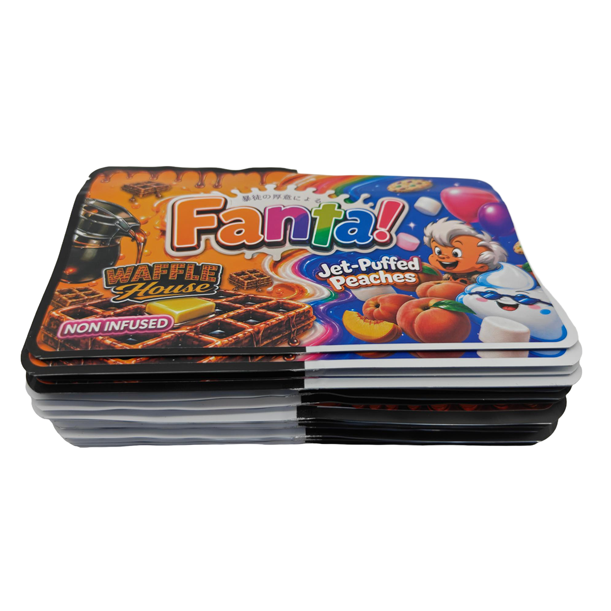 32 Pack - 7g (2IN1) Split Dual Graphic Mylar Bags Mixed Designs - Fanta Waffle House & Jet-Puffed Peaches