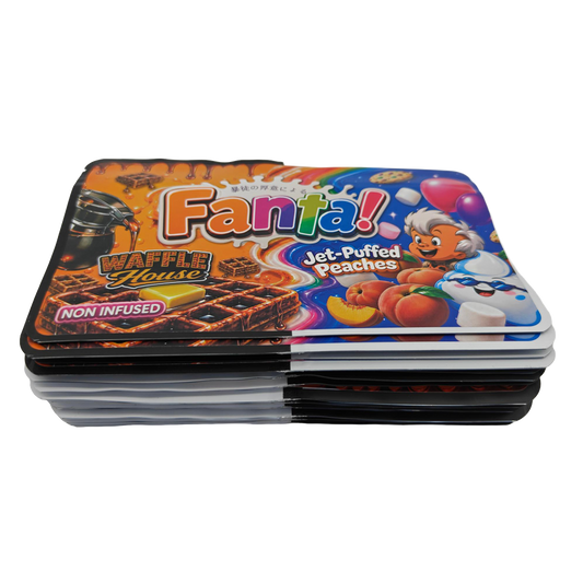 32 Pack - 7g (2IN1) Split Dual Graphic Mylar Bags Mixed Designs - Fanta Waffle House & Jet-Puffed Peaches