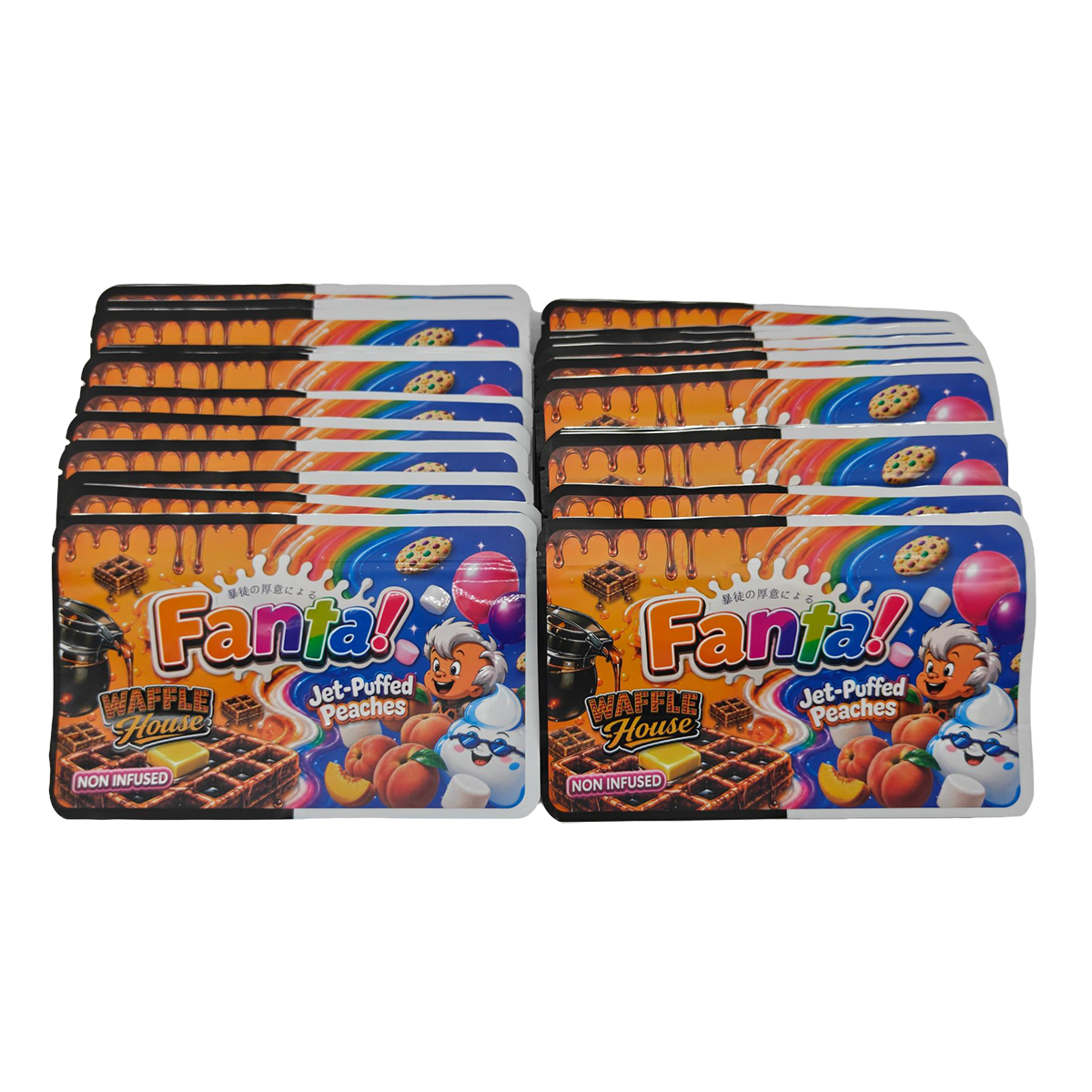 32 Pack - 7g (2IN1) Split Dual Graphic Mylar Bags Mixed Designs - Fanta Waffle House & Jet-Puffed Peaches