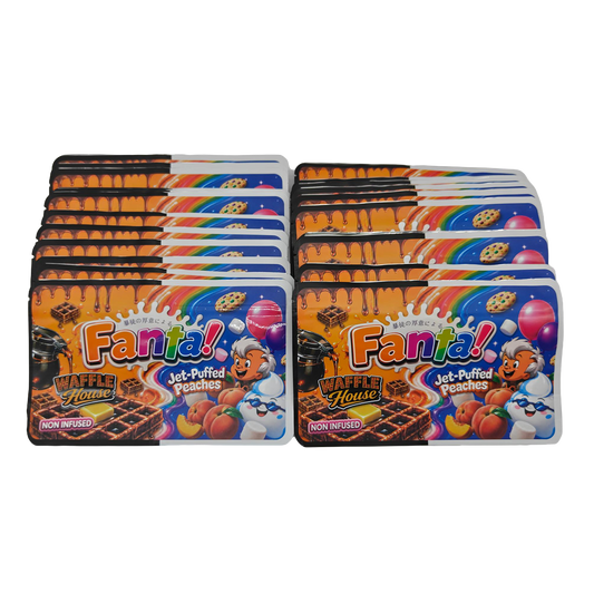 32 Pack - 7g (2IN1) Split Dual Graphic Mylar Bags Mixed Designs - Fanta Waffle House & Jet-Puffed Peaches