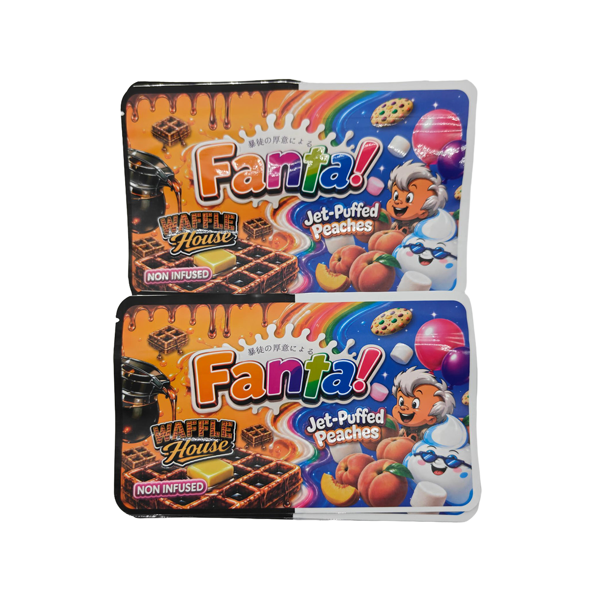 32 Pack - 7g (2IN1) Split Dual Graphic Mylar Bags Mixed Designs - Fanta Waffle House & Jet-Puffed Peaches