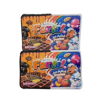 32 Pack - 7g (2IN1) Split Dual Graphic Mylar Bags Mixed Designs - Fanta Waffle House & Jet-Puffed Peaches