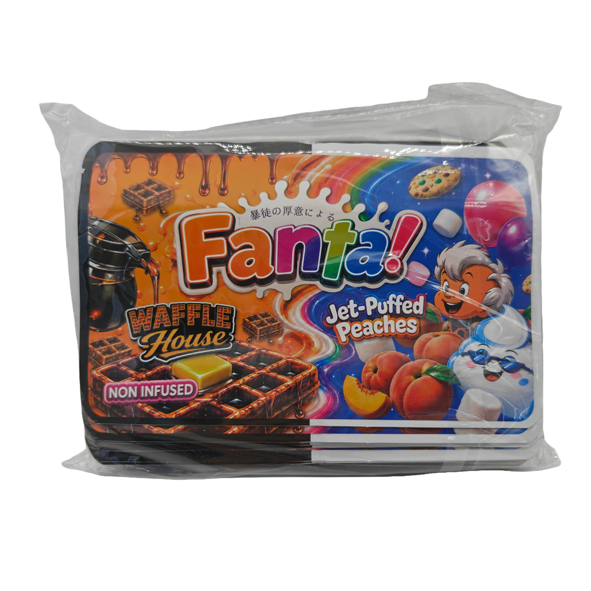 32 Pack - 7g (2IN1) Split Dual Graphic Mylar Bags Mixed Designs - Fanta Waffle House & Jet-Puffed Peaches