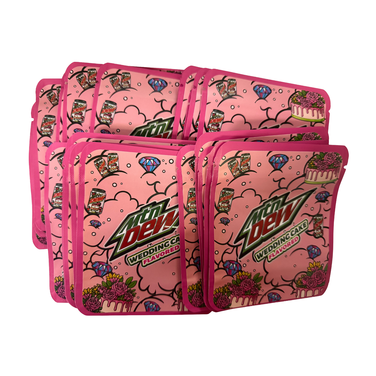 32 Pack - 7g Thick Sticker Mylar Bags  - Premium Smell Proof Packaging - Mtn Dew Wedding Cake