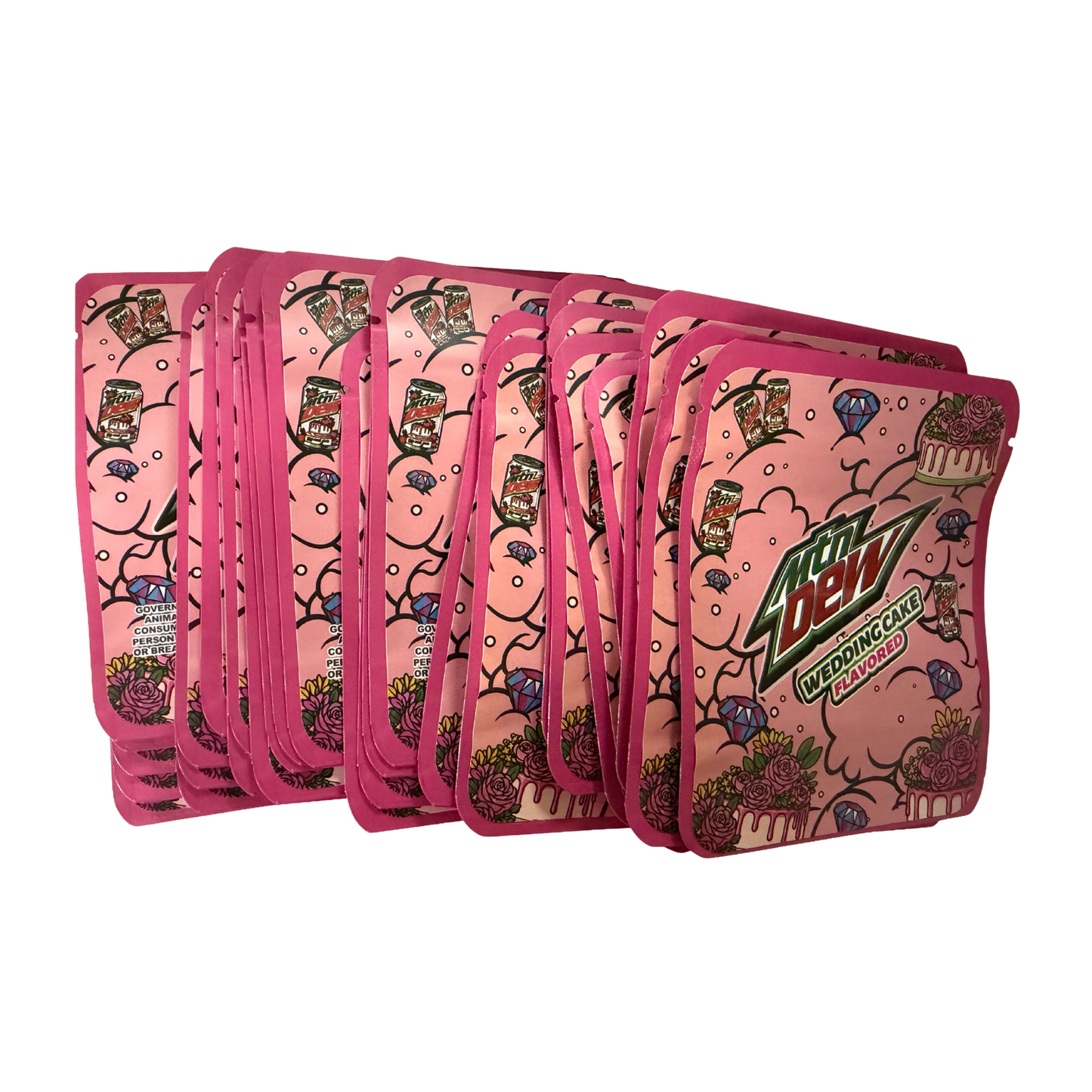 32 Pack - 7g Thick Sticker Mylar Bags  - Premium Smell Proof Packaging - Mtn Dew Wedding Cake