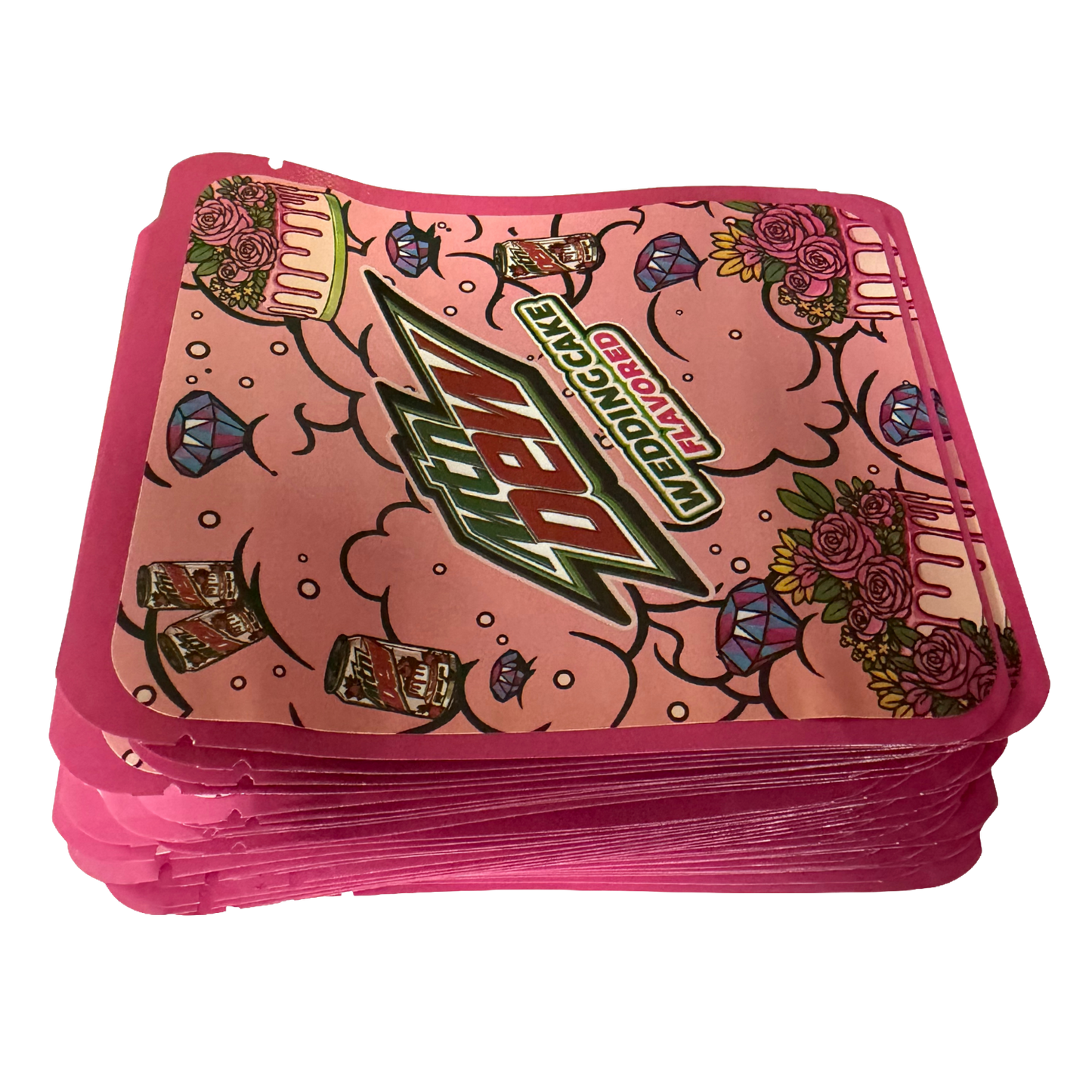 32 Pack - 7g Thick Sticker Mylar Bags  - Premium Smell Proof Packaging - Mtn Dew Wedding Cake