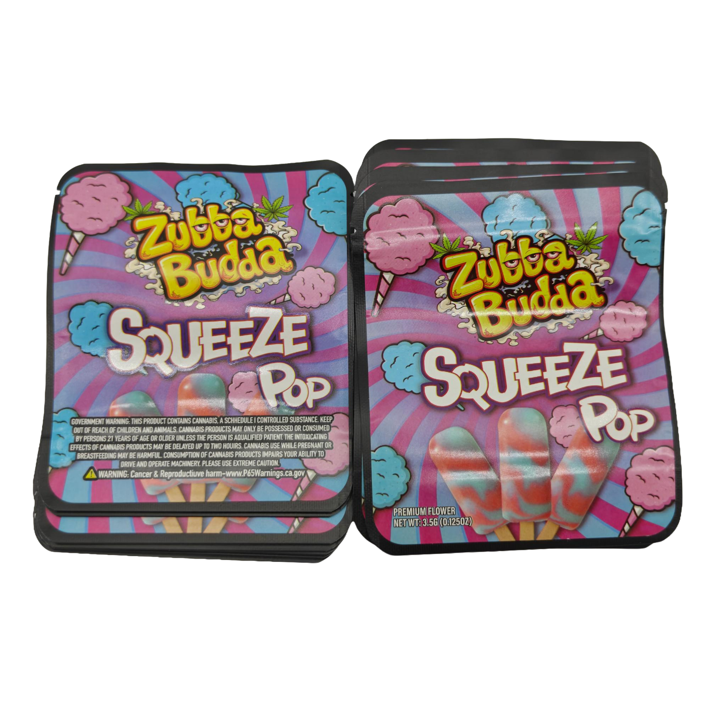 32 Pack - 7g Thick Sticker Mylar Bags  - Premium Smell Proof Packaging - Zubba Budda Squeeze Pop