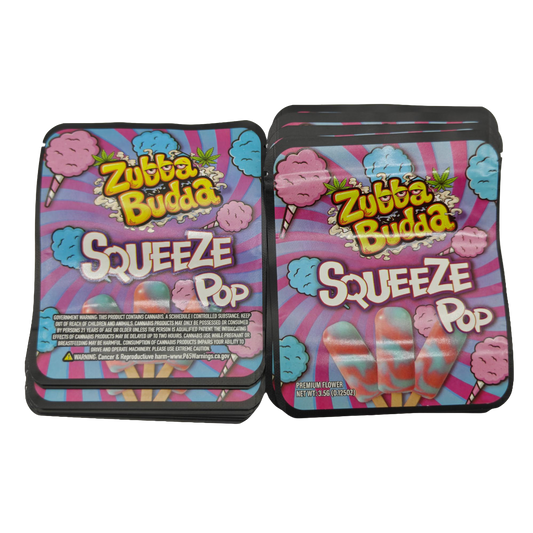 32 Pack - 7g Thick Sticker Mylar Bags  - Premium Smell Proof Packaging - Zubba Budda Squeeze Pop