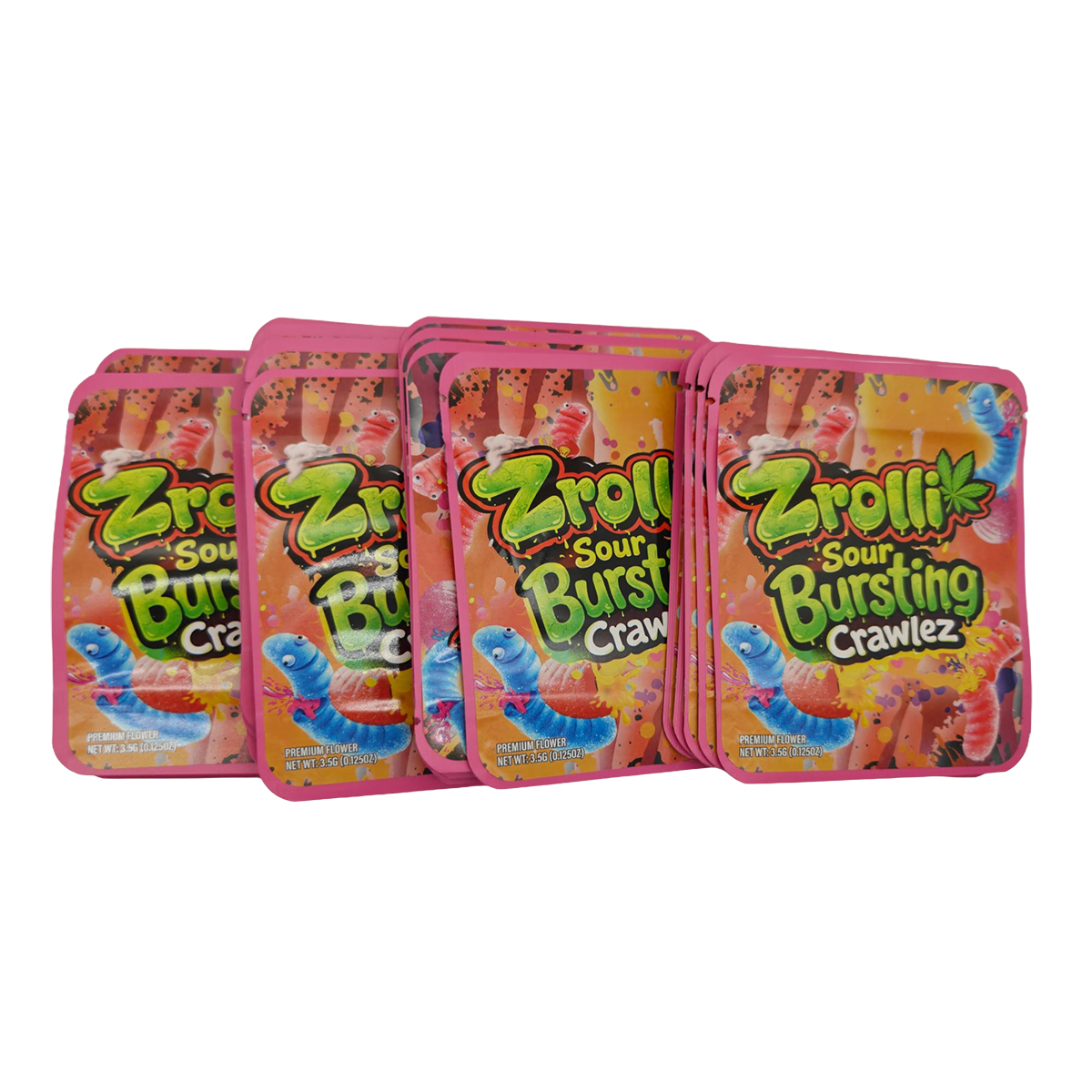 32 Pack - 7g Thick Sticker Mylar Bags  - Premium Smell Proof Packaging - Zrolli Sour Bursting Crawlez