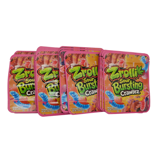 32 Pack - 7g Thick Sticker Mylar Bags  - Premium Smell Proof Packaging - Zrolli Sour Bursting Crawlez