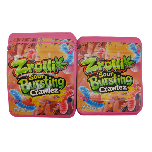 32 Pack - 7g Thick Sticker Mylar Bags  - Premium Smell Proof Packaging - Zrolli Sour Bursting Crawlez