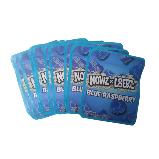 32 Pack - 7g Thick Sticker Mylar Bags  - Premium Smell Proof Packaging - Nowz x L8erz Blue Raspberry