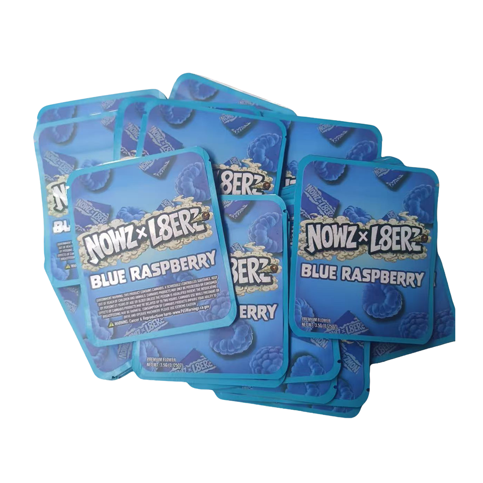 32 Pack - 7g Thick Sticker Mylar Bags  - Premium Smell Proof Packaging - Nowz x L8erz Blue Raspberry