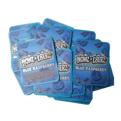 32 Pack - 7g Thick Sticker Mylar Bags  - Premium Smell Proof Packaging - Nowz x L8erz Blue Raspberry