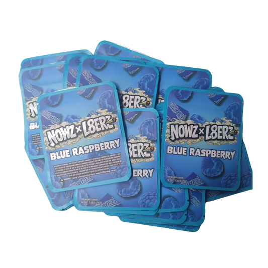 32 Pack - 7g Thick Sticker Mylar Bags  - Premium Smell Proof Packaging - Nowz x L8erz Blue Raspberry