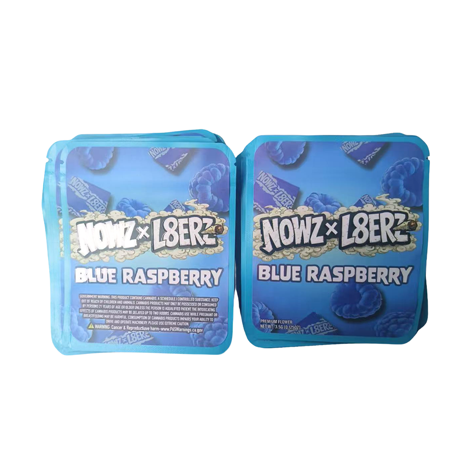 32 Pack - 7g Thick Sticker Mylar Bags  - Premium Smell Proof Packaging - Nowz x L8erz Blue Raspberry