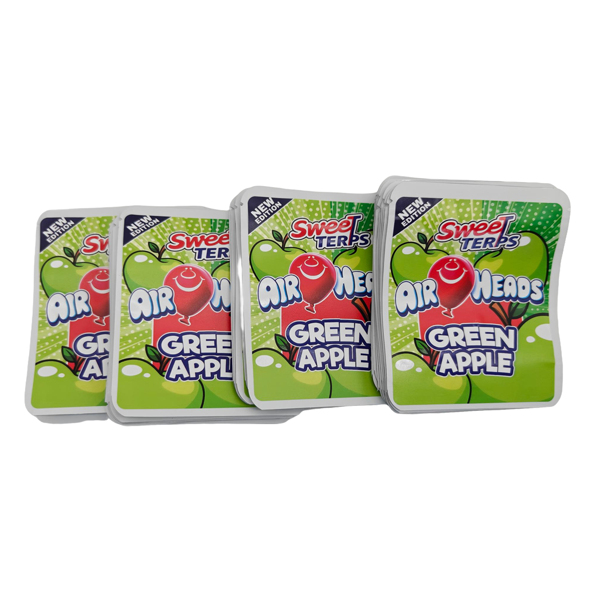32 Pack - 7g Thick Sticker Mylar Bags  - Premium Smell Proof Packaging - Sweet Terps Air Heads Green Apple