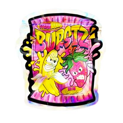Mylar bag 3.5g, herb Mylar Bags, Where to buy mylar bags, Custom mylar bags near me, Mylar Bags Wholesale. Colorful container with cartoon characters and 'Burstz' branding on a white background