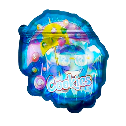 Mylar bag 3.5g, herb Mylar Bags, Where to buy mylar bags, Custom mylar bags near me, Mylar Bags Wholesale. Colorful balloon with a cartoon character and 'Cookies' text on a white background