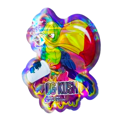 Mylar bag 3.5g, herb Mylar Bags, Where to buy mylar bags, Custom mylar bags near me, Mylar Bags Wholesale. Colorful 'OG Kush' product packaging with a cartoon character on a white background