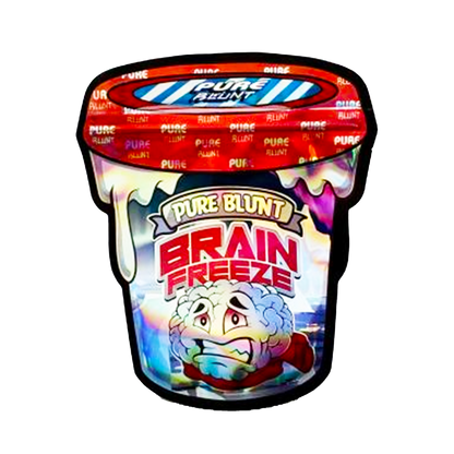 Mylar bag 3.5g, herb Mylar Bags, Where to buy mylar bags, Custom mylar bags near me, Mylar Bags Wholesale.  Ice cream container with 'Pure Blunt Brain Freeze' branding on a white background