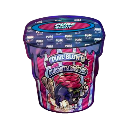 Mylar bag 3.5g, herb Mylar Bags, Where to buy mylar bags, Custom mylar bags near me, Mylar Bags Wholesale. Purple container of Pure Blunt Blueberry Sherbet on a white background