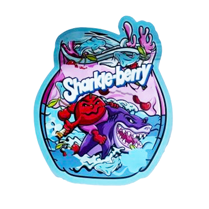 Mylar bag 3.5g, herb Mylar Bags, Where to buy mylar bags, Custom mylar bags near me, Mylar Bags Wholesale. Colorful illustration of a shark and a red character with 'Sharkie Berry' text on a white background