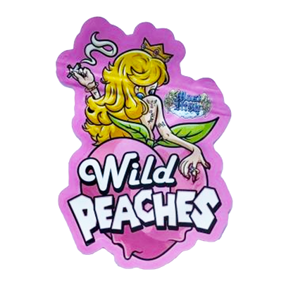 Mylar bag 3.5g, herb Mylar Bags, Where to buy mylar bags, Custom mylar bags near me, Mylar Bags Wholesale. Sticker with a cartoon character and 'Wild Peaches' text on a pink background