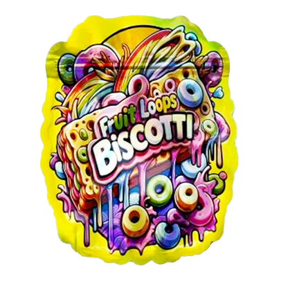 Mylar bag 3.5g, herb Mylar Bags, Where to buy mylar bags, Custom mylar bags near me, Mylar Bags Wholesale. Colorful 'Fruit Loops Biscotti' design on a yellow background