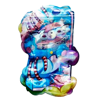 Mylar bag 3.5g, herb Mylar Bags, Where to buy mylar bags, Custom mylar bags near me, Mylar Bags Wholesale. Colorful cartoon character figurine with a tie-dye pattern on a white background