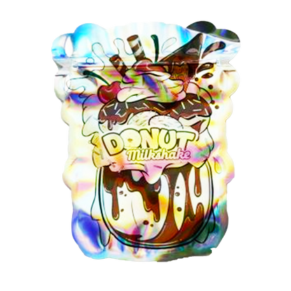 Mylar bag 3.5g, herb Mylar Bags, Where to buy mylar bags, Custom mylar bags near me, Mylar Bags Wholesale. Colorful design of a donut milkshake with rainbow effects on a white background
