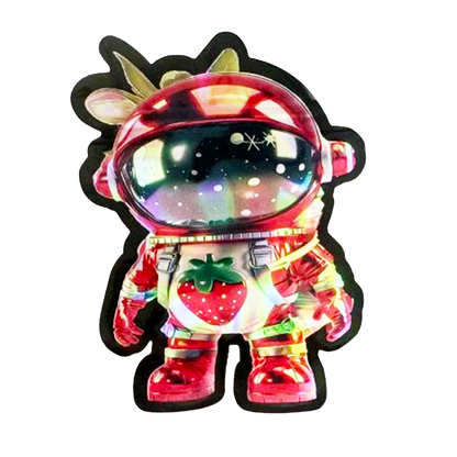 Mylar bag 3.5g, herb Mylar Bags, Where to buy mylar bags, Custom mylar bags near me, Mylar Bags Wholesale. Colorful character toy with astronaut helmet and strawberry design on a white background